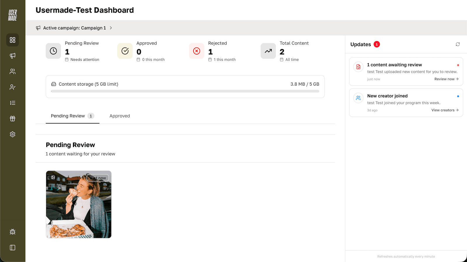 © Usermade dashboard with campaign metrics, content review, and updates